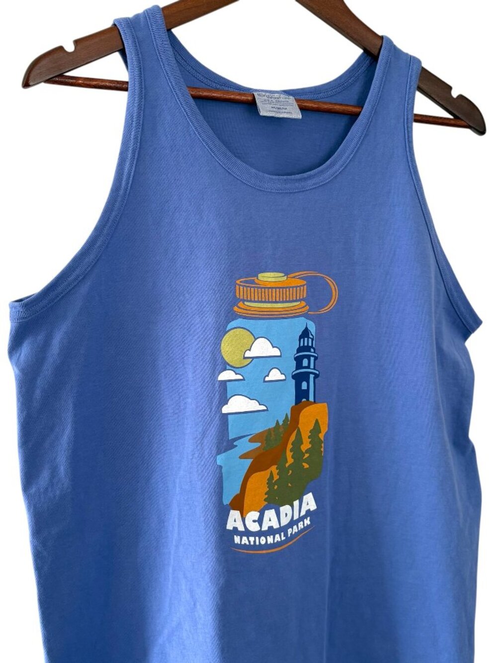 Acadia National Park Tank Top M Periwinkle Blue Water Bottle Lighthouse Maine